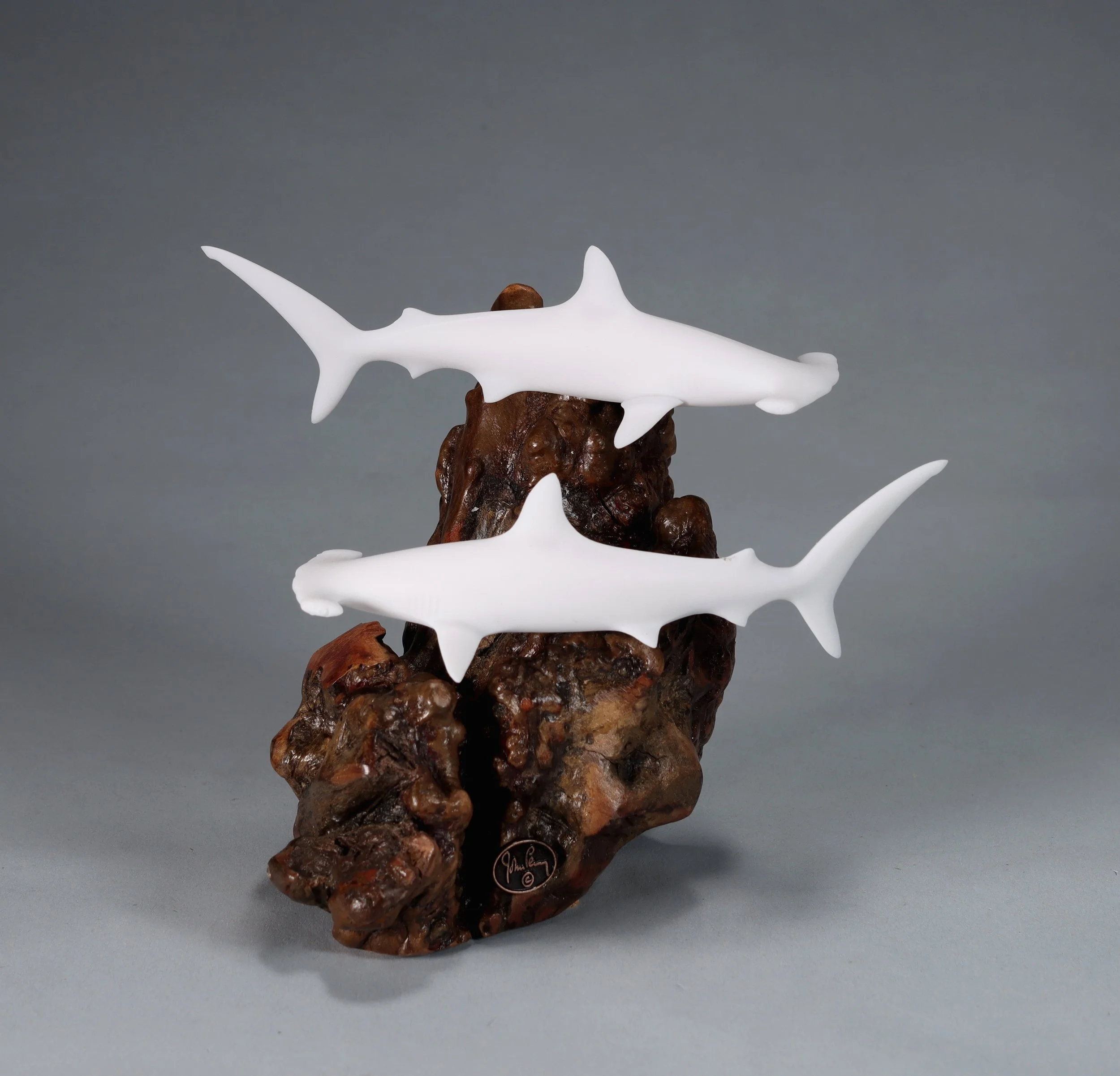 Hammerhead Shark Duo Sculpture Pellucida 7in Tall on Burlwood